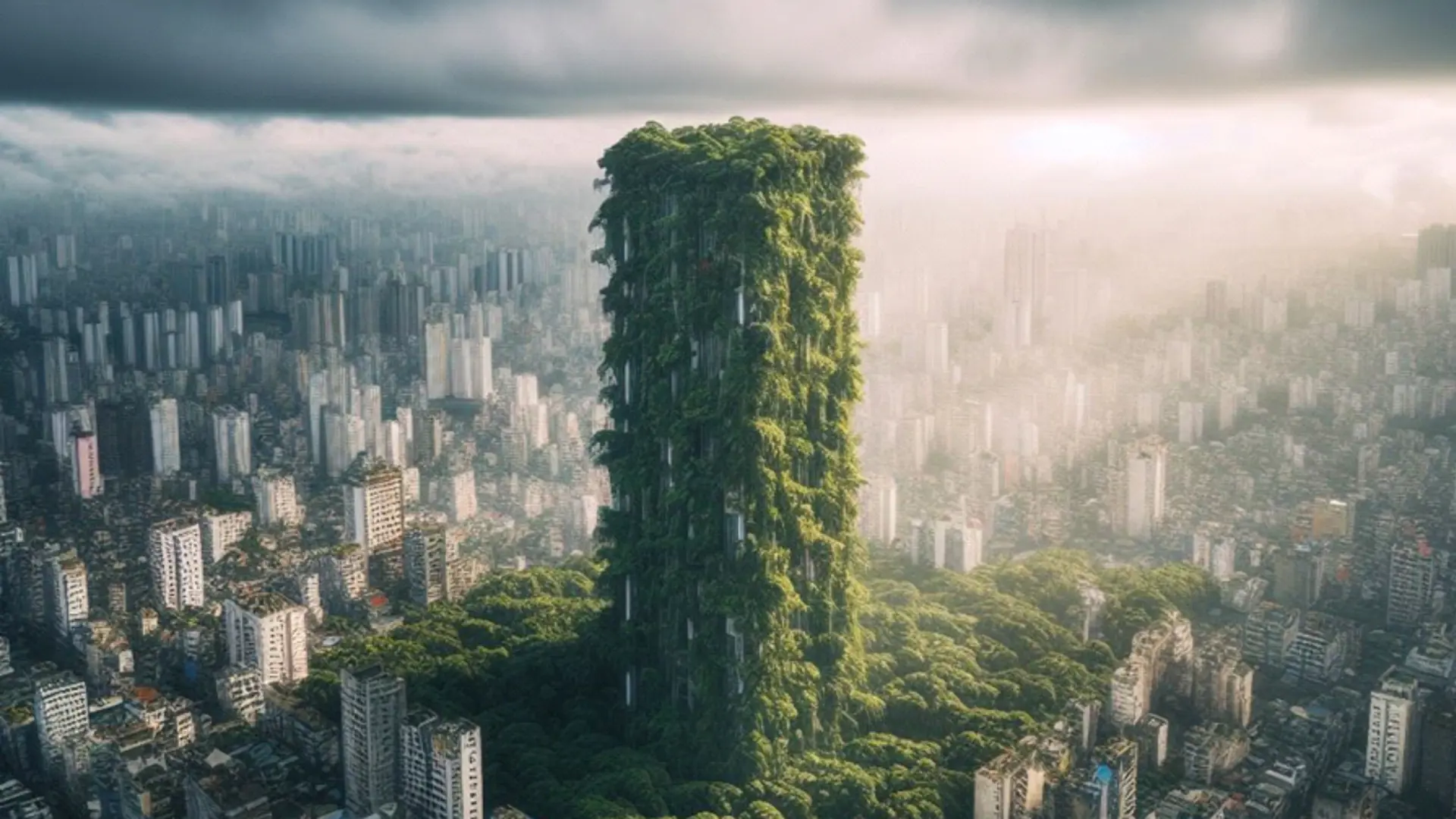 Aerial view of a biodiversity tower at the heart of a city. Image generated using Ai Dall-E